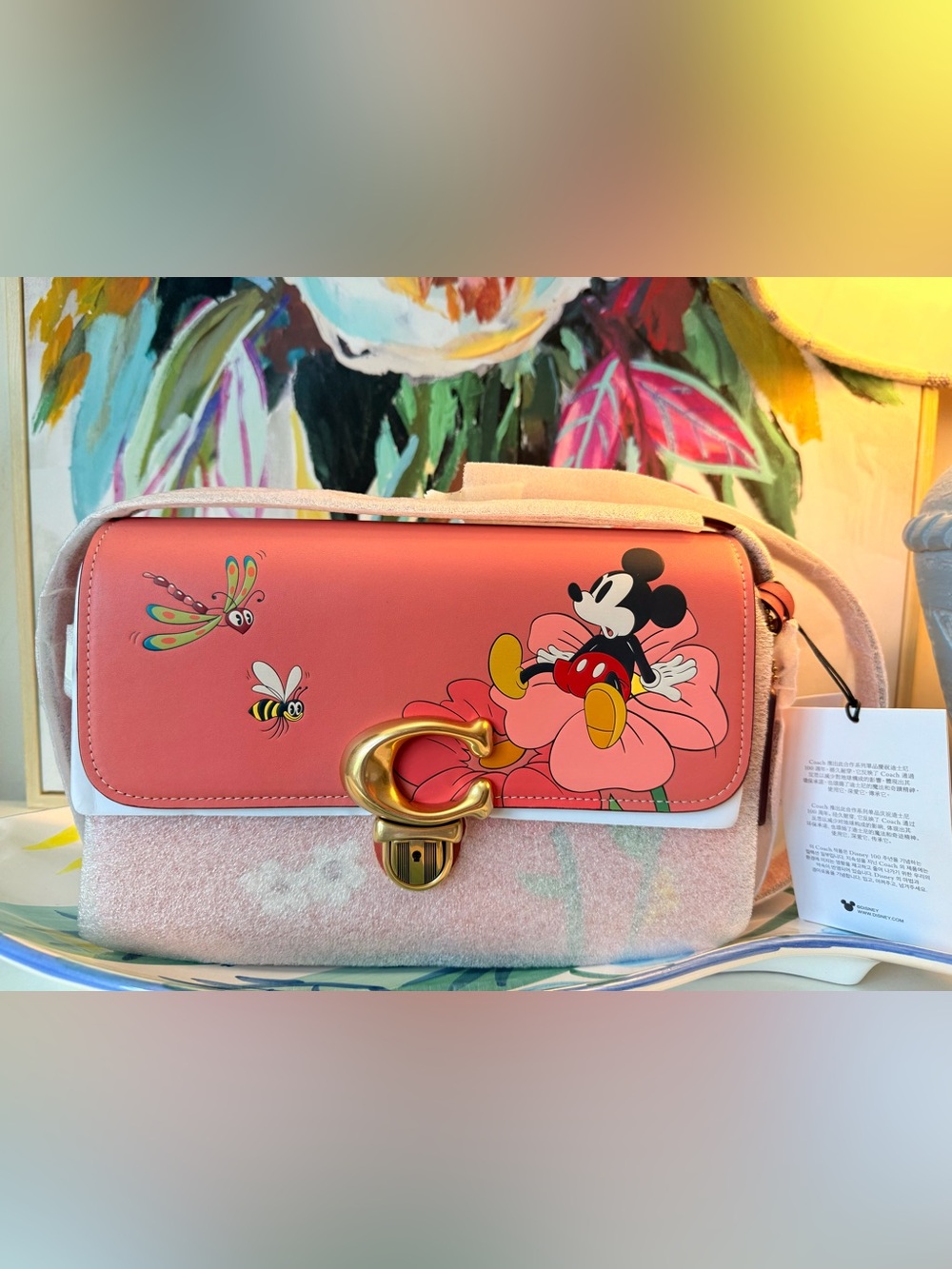 Coach Coral Pink Mickey Mouse Floral Crossbody Bag